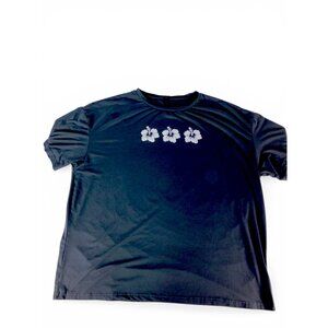 SheIn Rash Guard Shirt Womens XL Black Crew Neck Short Sleeve Floral Relaxed Fit